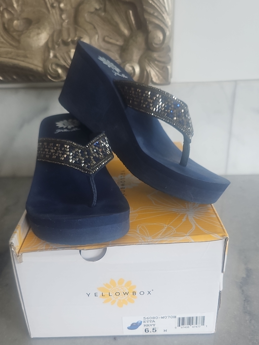 Yellow Box Navy Beaded Wedge Thong Sandals
